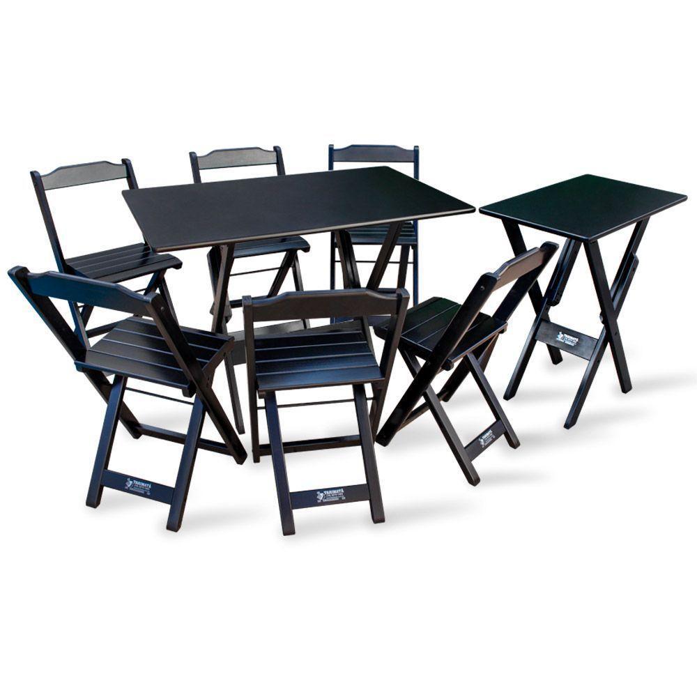 Conjunto De Mesa Dobrável 1,10x70 Com 6 Cadeiras Com Mesa Aparador Pret Cor: Preto - 1