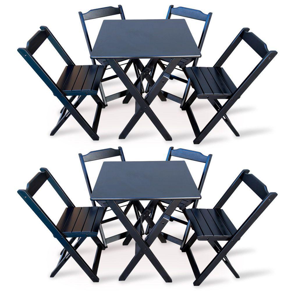 Kit 2 Jogos De Mesa Dobravel Com 4 Cadeiras Dobráveis De Madeira 70x70 Cm Preto Cor: Preto - 1