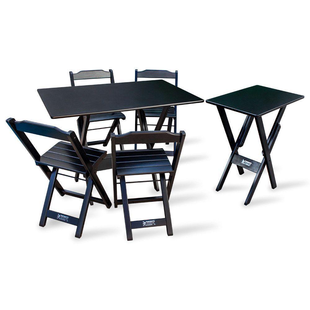 Conjunto De Mesa Dobrável 1,10x70 Com 4 Cadeiras Mais Mesa Aparador Preto - 1