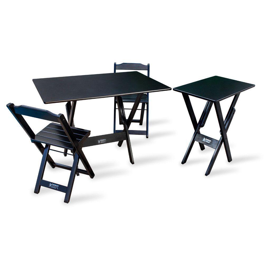 Conjunto De Mesa Dobrável 1,10x70 Com 2 Cadeiras Mais Mesa Aparador Preto - 1
