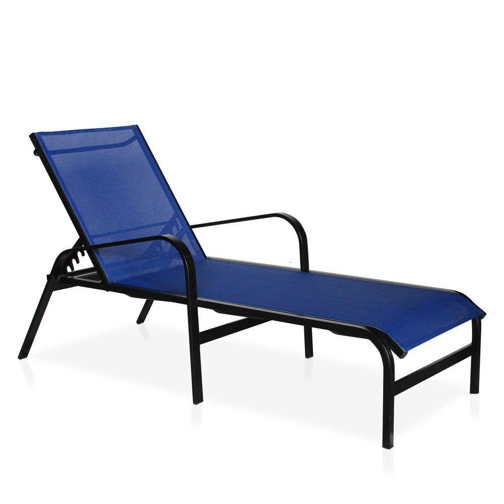Espreguiçadeira Para Piscina, área Externa, Jardim, Em Alumínio - Preto E Tela Sling Azul - 1