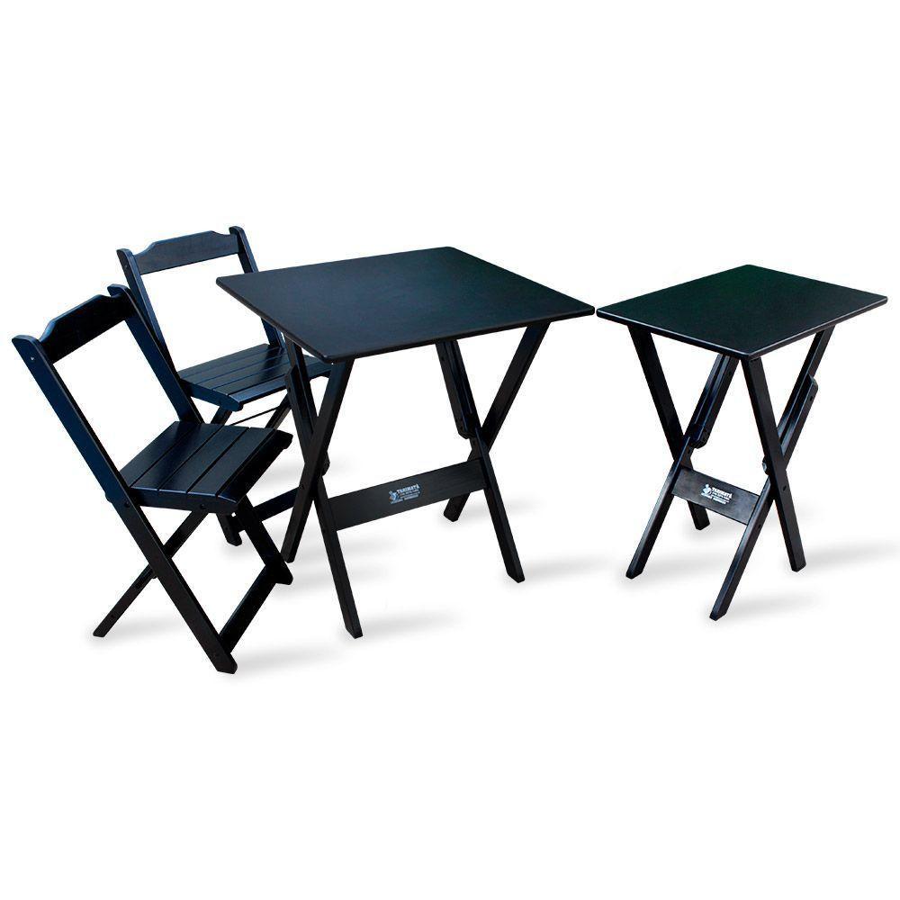 Conjunto De Mesa Dobrável 60x60 Com 2 Cadeiras Com Mesa Aparador Preto - 1