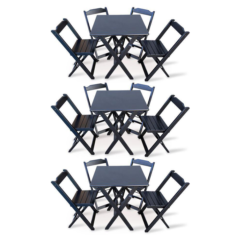 Kit 3 Conjunto Com Jogo De Mesa 70x70 Com 4 Cadeiras Dobráveis Preto Cor: Preto - 1