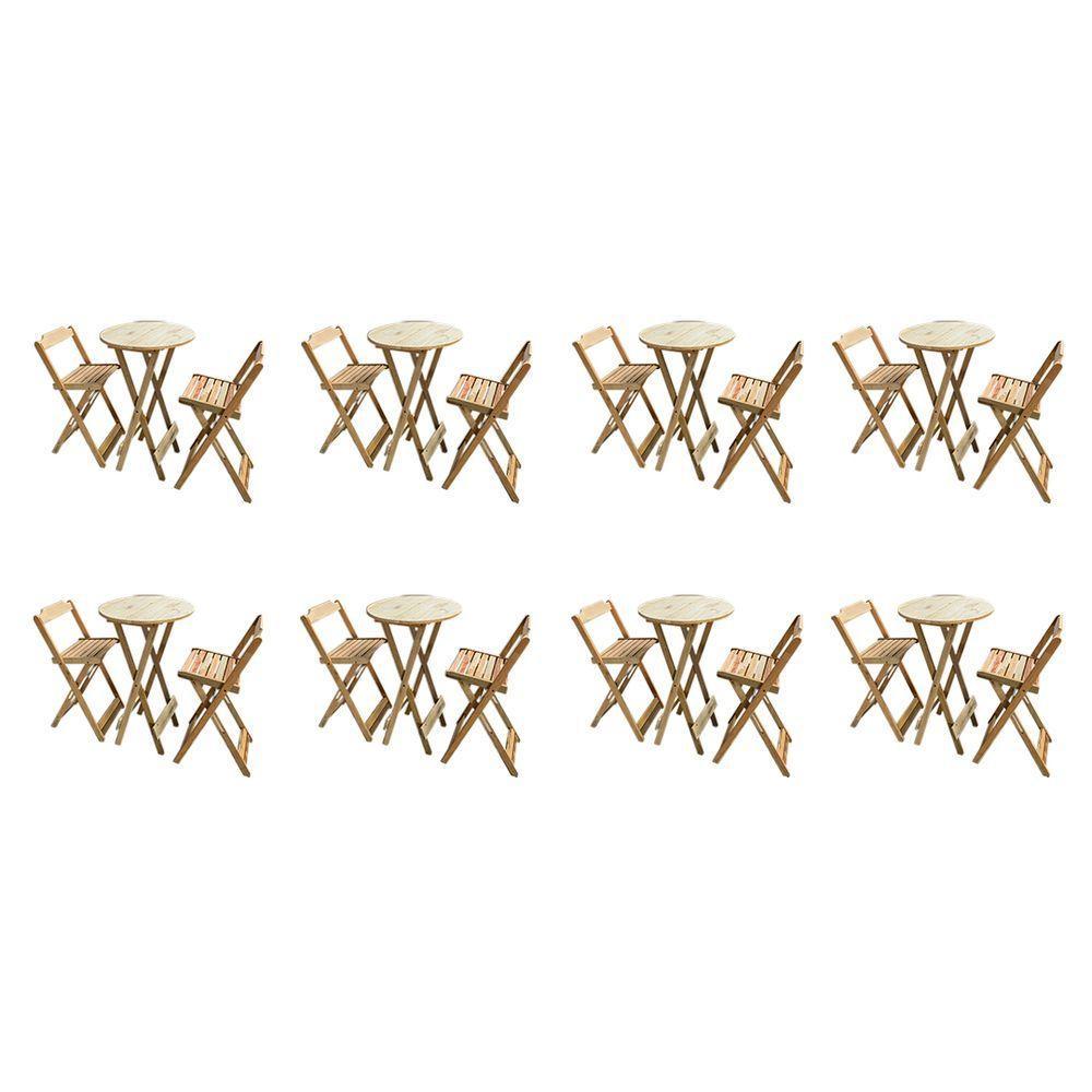 Kit 8 Jogos De Mesas Bistrô De Madeira Dobrável Com 3 Banquetas - Crua - 1