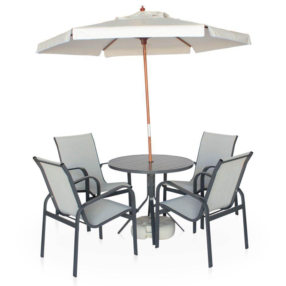 Conjunto 1 Mesa + 4 Cadeiras Em Alumínio + 1 Ombrelone Branco De 2 Metro - Graffite E Café Com Leite - 2