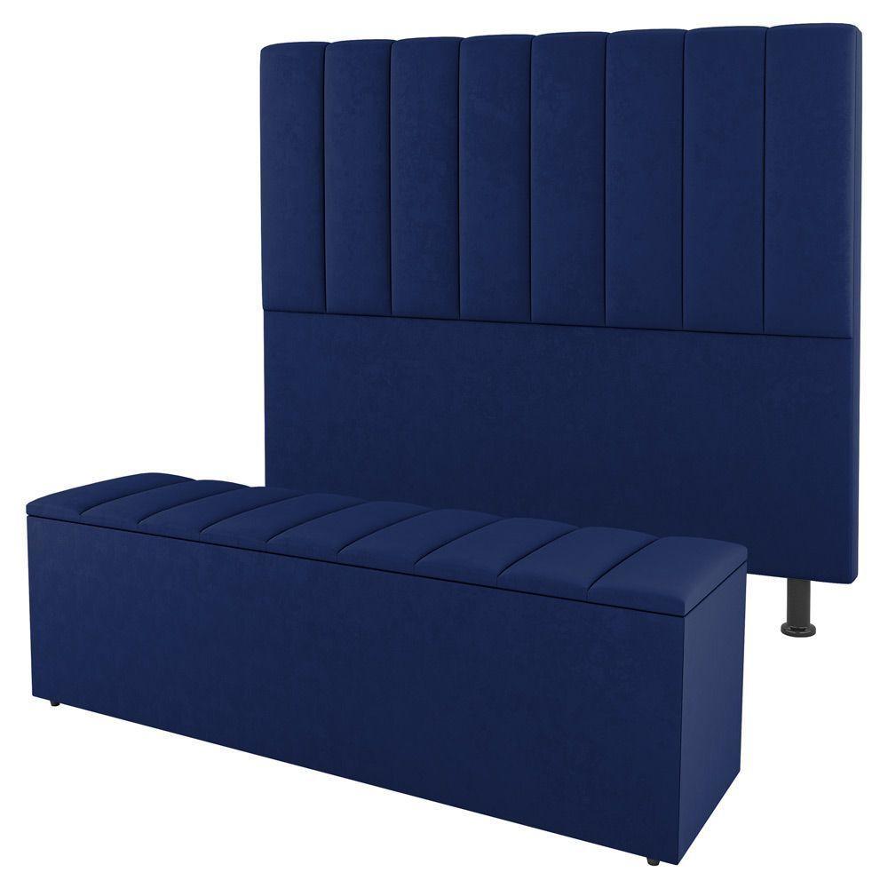 Kit Cabeceira E Baú Cama Box Solteiro Cora 90cm Suede Azul - 1