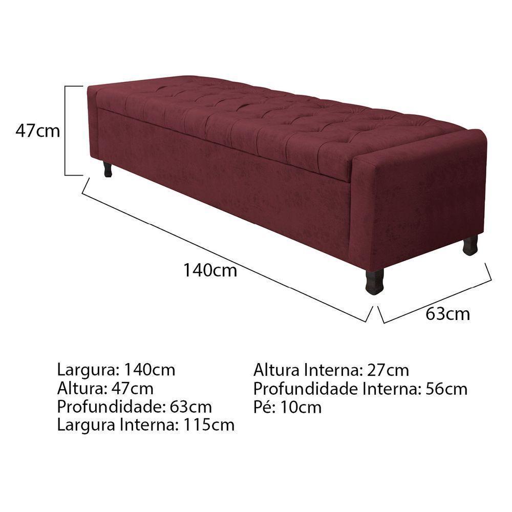 Kit Cabeceira E Calçadeira Baú Casal Everest P02 140cm Para Cama Box Suede - Doce Sonho Móveis Bordô - 3