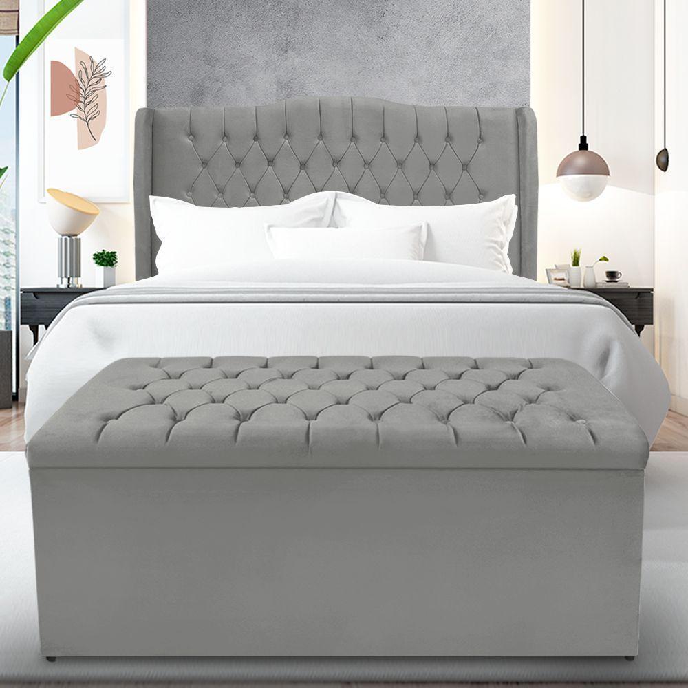 Kit Cabeceira E Calçadeira Baú Dubai Casal 140 Cm - Veludo Cinza Grafite - 1