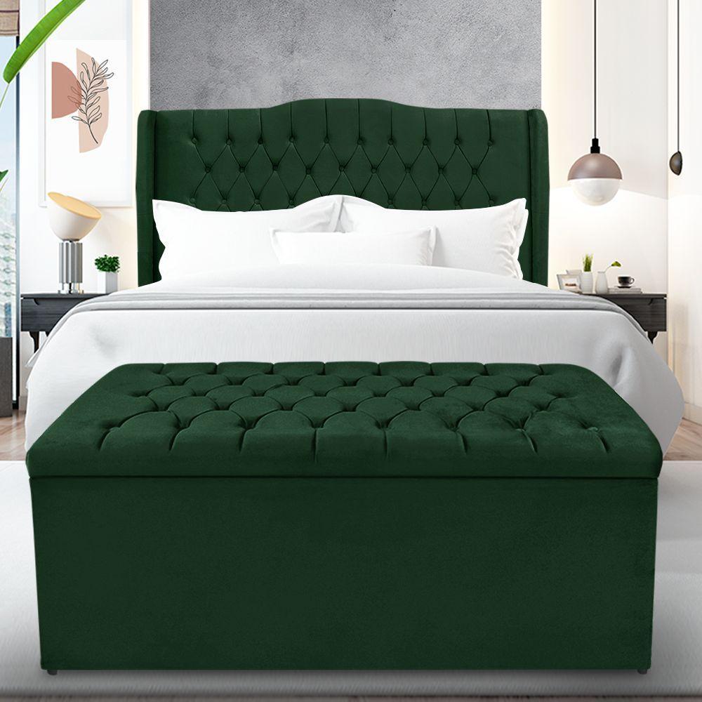 Kit Cabeceira E Calçadeira Baú Dubai Queen 160 Cm - Veludo Verde - 1