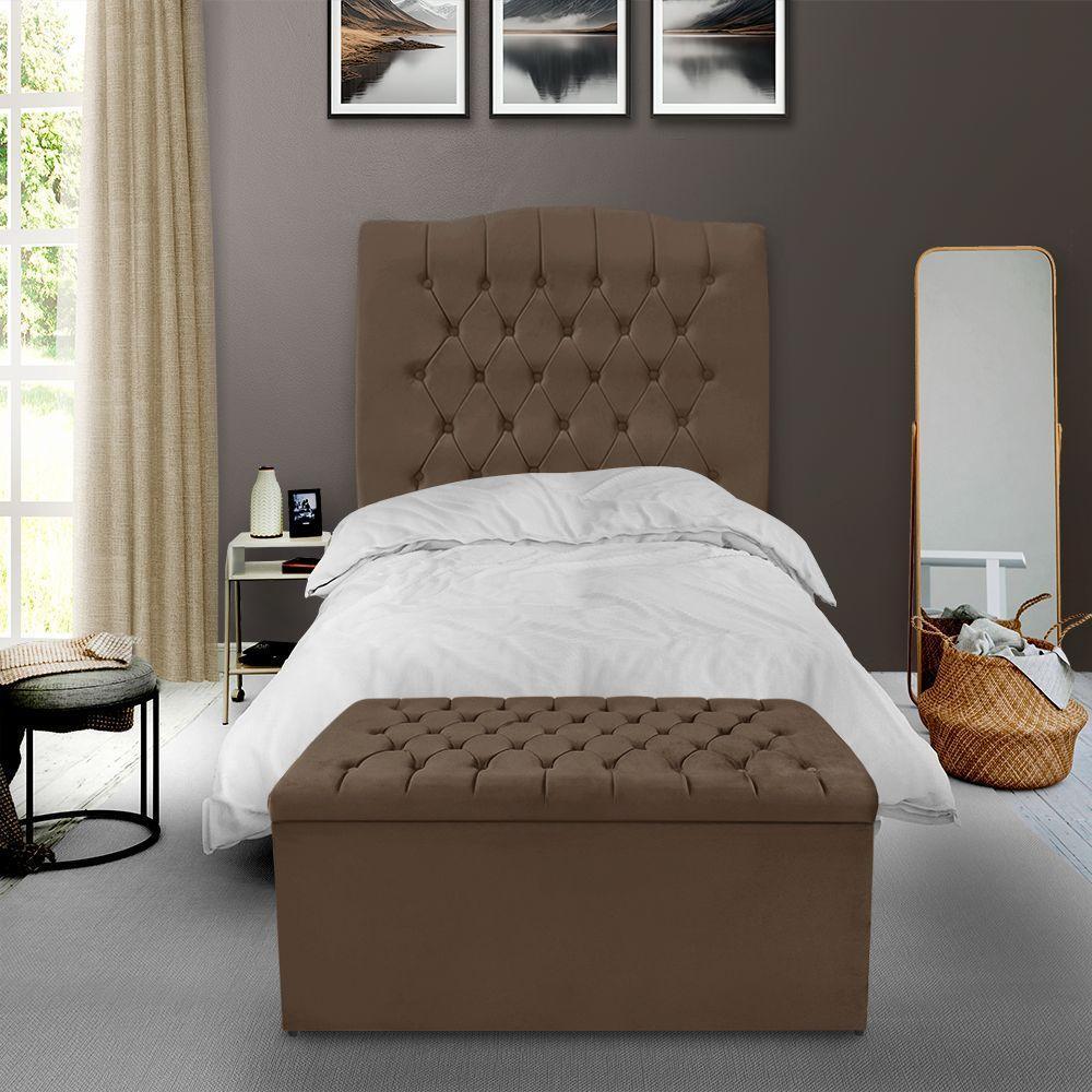 Kit Cabeceira E Calçadeira Baú Dunas Solteiro 90 Cm - Veludo Marrom - 1