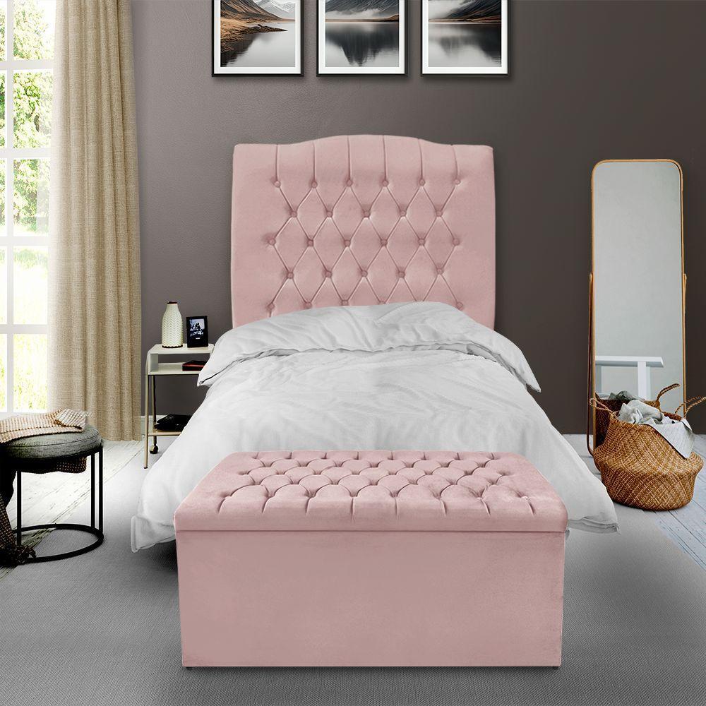 Kit Cabeceira E Calçadeira Baú Dunas Solteiro 90 Cm - Veludo Rose - 1