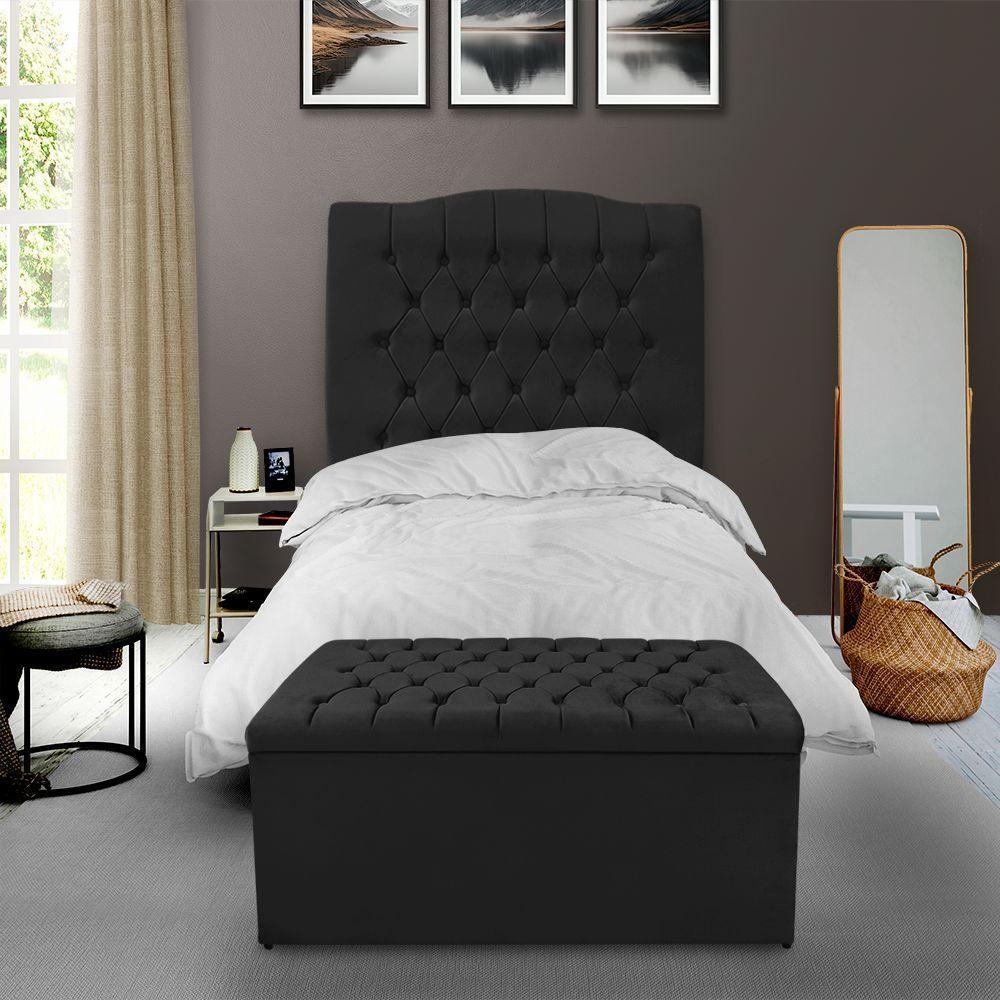 Kit Cabeceira E Calçadeira Baú Dunas Solteiro 90 Cm - Veludo Preto - 1