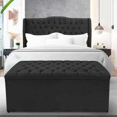 Kit Cabeceira E Calçadeira Baú Dubai Queen 160 Cm - Veludo Preto