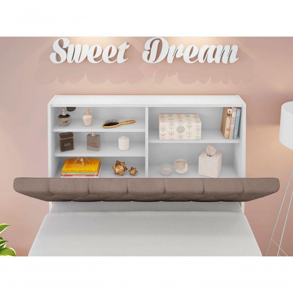 Cabeceira Box Solteiro Isis Branco Com Capitonê Bege Escuro - 3