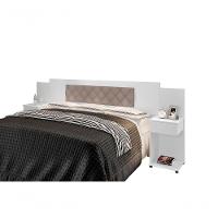 Cabeceira Box Bruna Branco Com Capitonê Bege Claro - 1