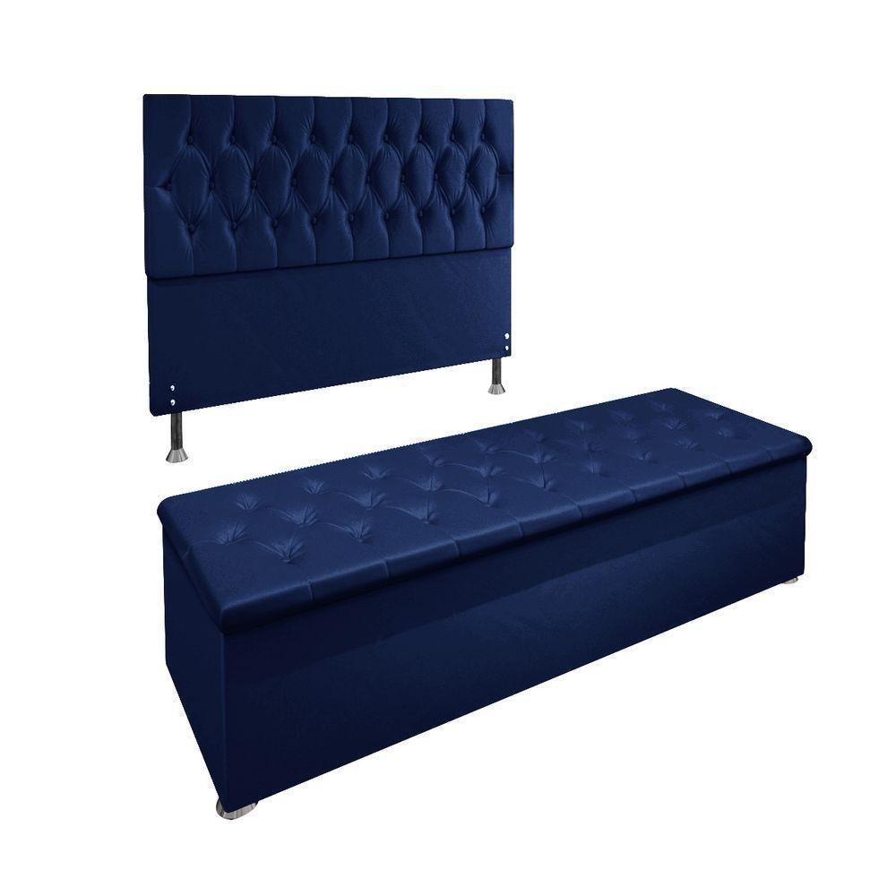 Cabeceira Casal E Recamier Baú 1,40m Madrid Suede Azul - 3