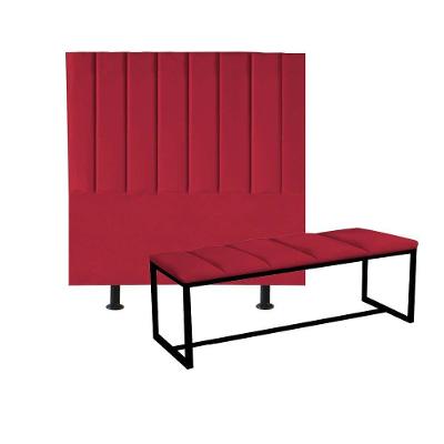 Kit Cabeceira Carla E Recamier 100cm Solteiro Box Ferro Preto Corino Vermelho