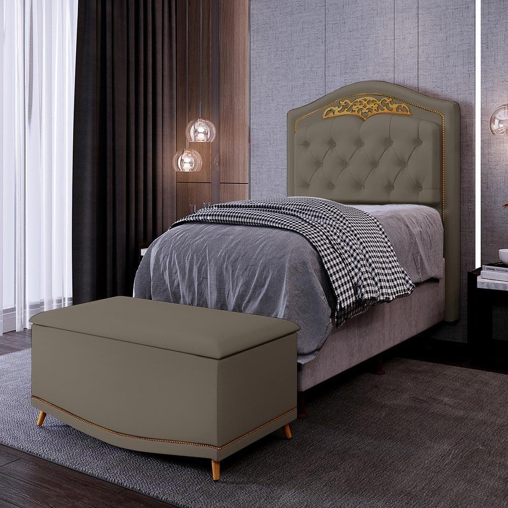 Cabeceira Cama Box Solteiro 90cm Com Calçadeira Baú Areia - 5