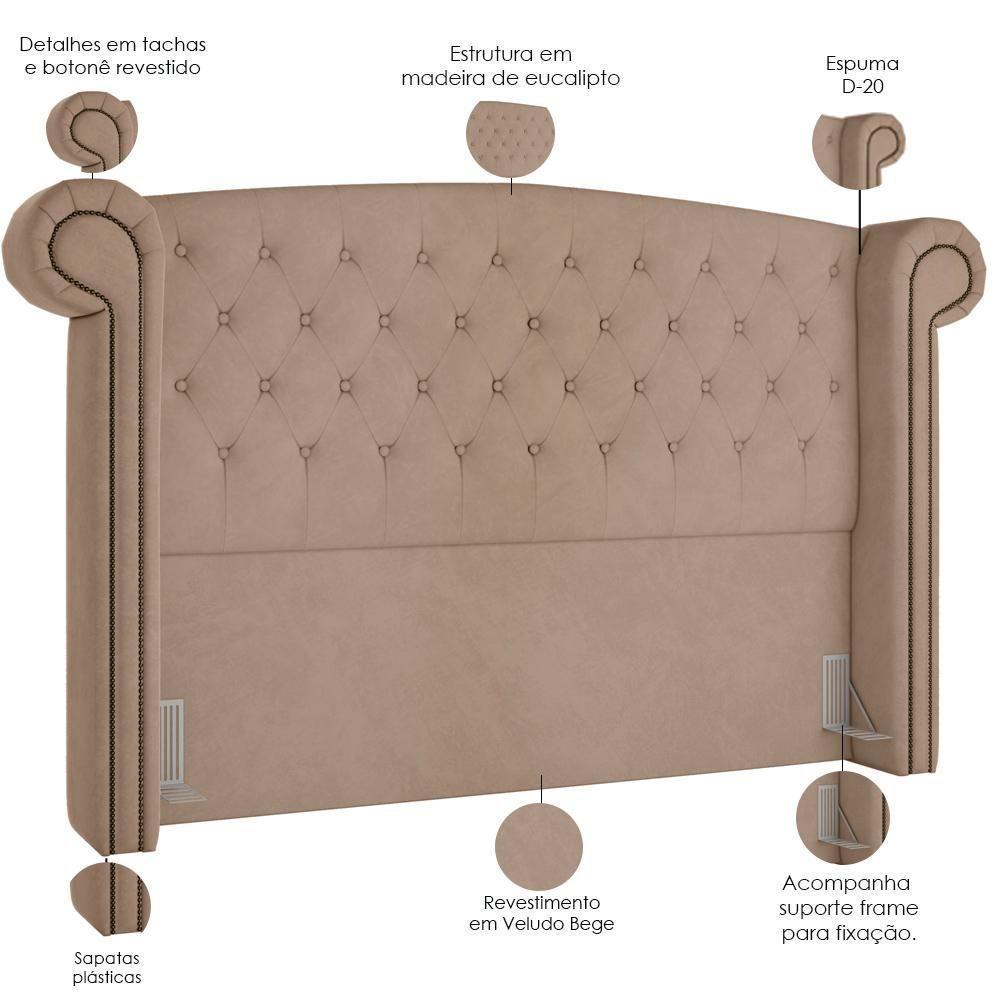 Cabeceira Cama Box Casal Com Tachas 140 Cm Sofia P05 Veludo Bege - 7