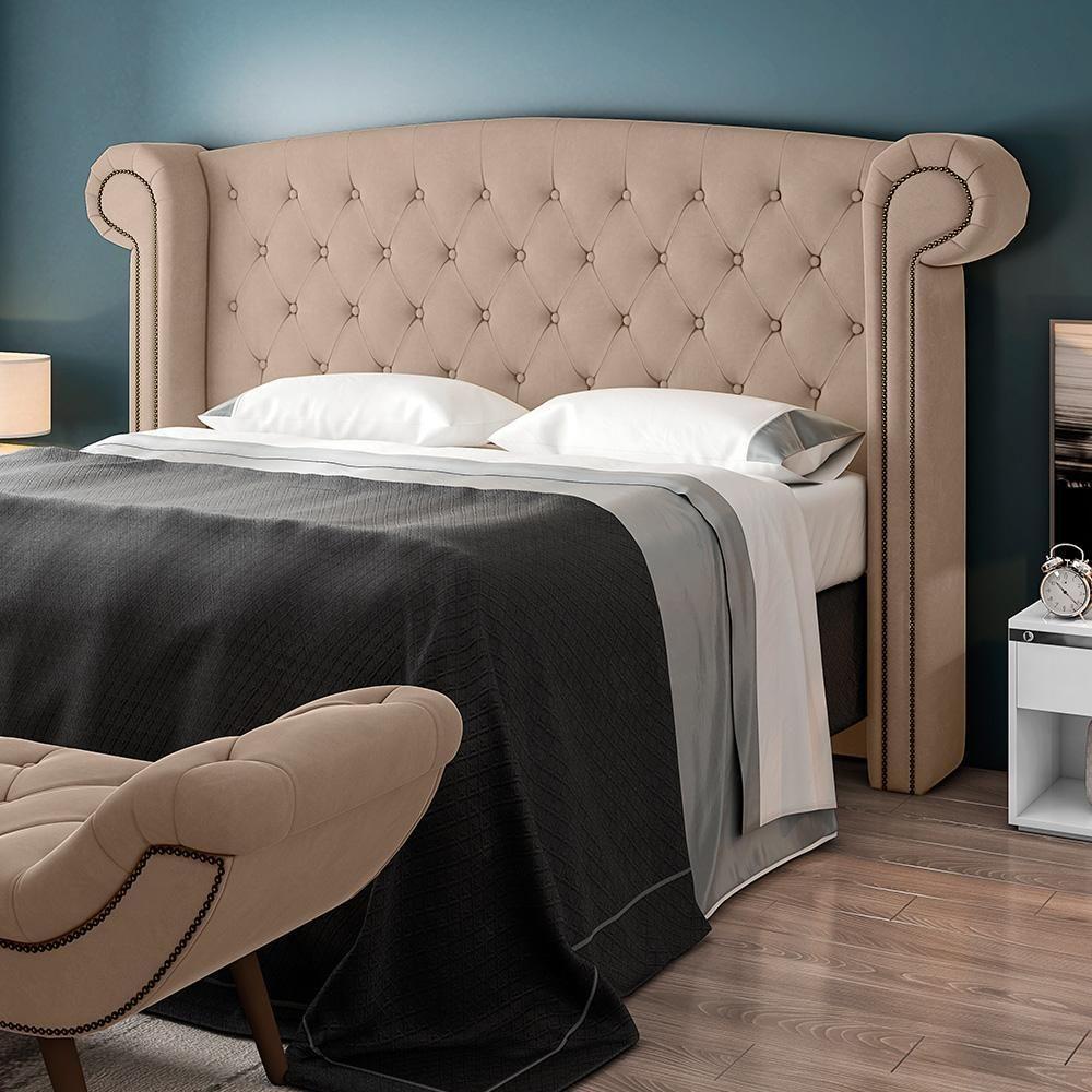 Cabeceira Cama Box Queen Com Tachas 160 Cm Sofia P05 Veludo Bege - 6
