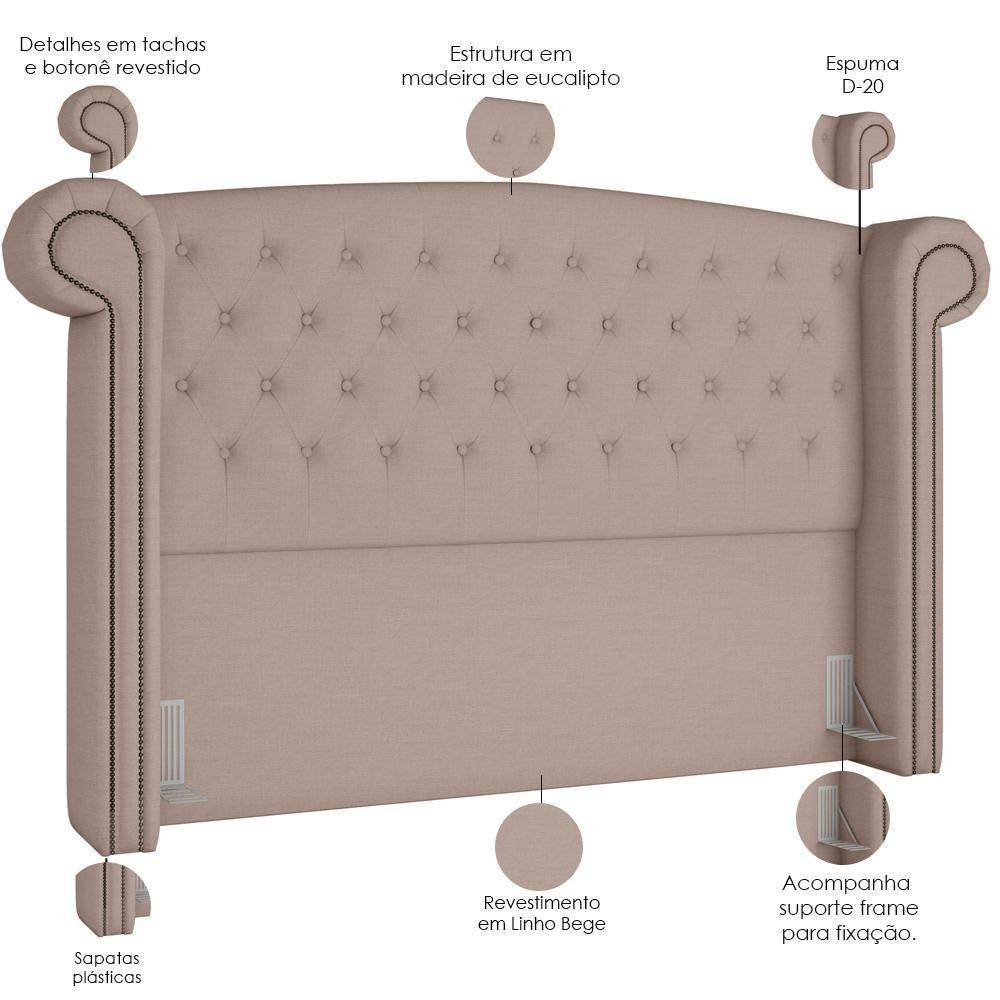 Cabeceira Cama Box Queen Com Tachas 160 Cm Sofia P05 Linho Bege Areia - 1