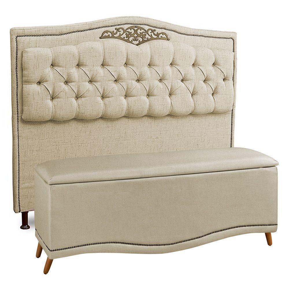 Cabeceira E Calçadeira Baú Box Queen Size 160cm Linho Areia - 1
