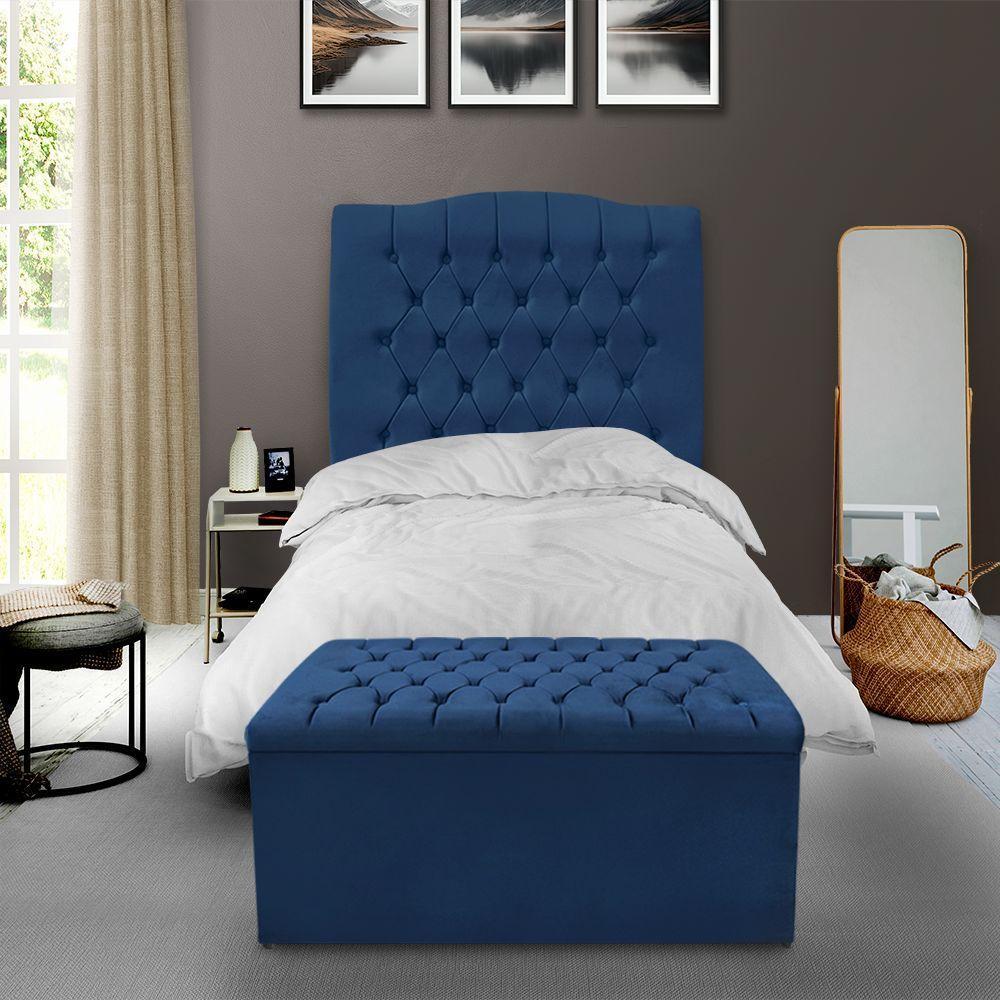 Kit Cabeceira E Calçadeira Baú Dunas Solteiro 90 Cm - Veludo Azul - 1