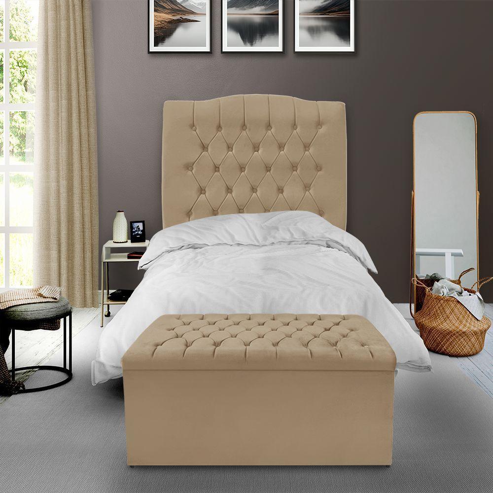 Kit Cabeceira E Calçadeira Baú Dunas Solteiro 90 Cm - Veludo Bege Escuro - 1