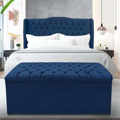 Kit Cabeceira E Calçadeira Baú Dubai Queen 160 Cm - Veludo Azul