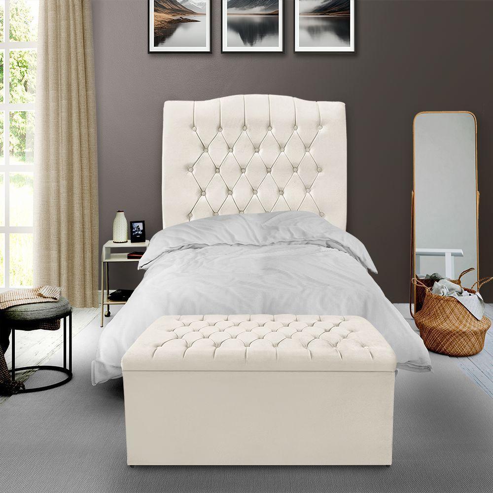 Kit Cabeceira E Calçadeira Baú Dunas Solteiro 90 Cm - Veludo Bege Claro - 1