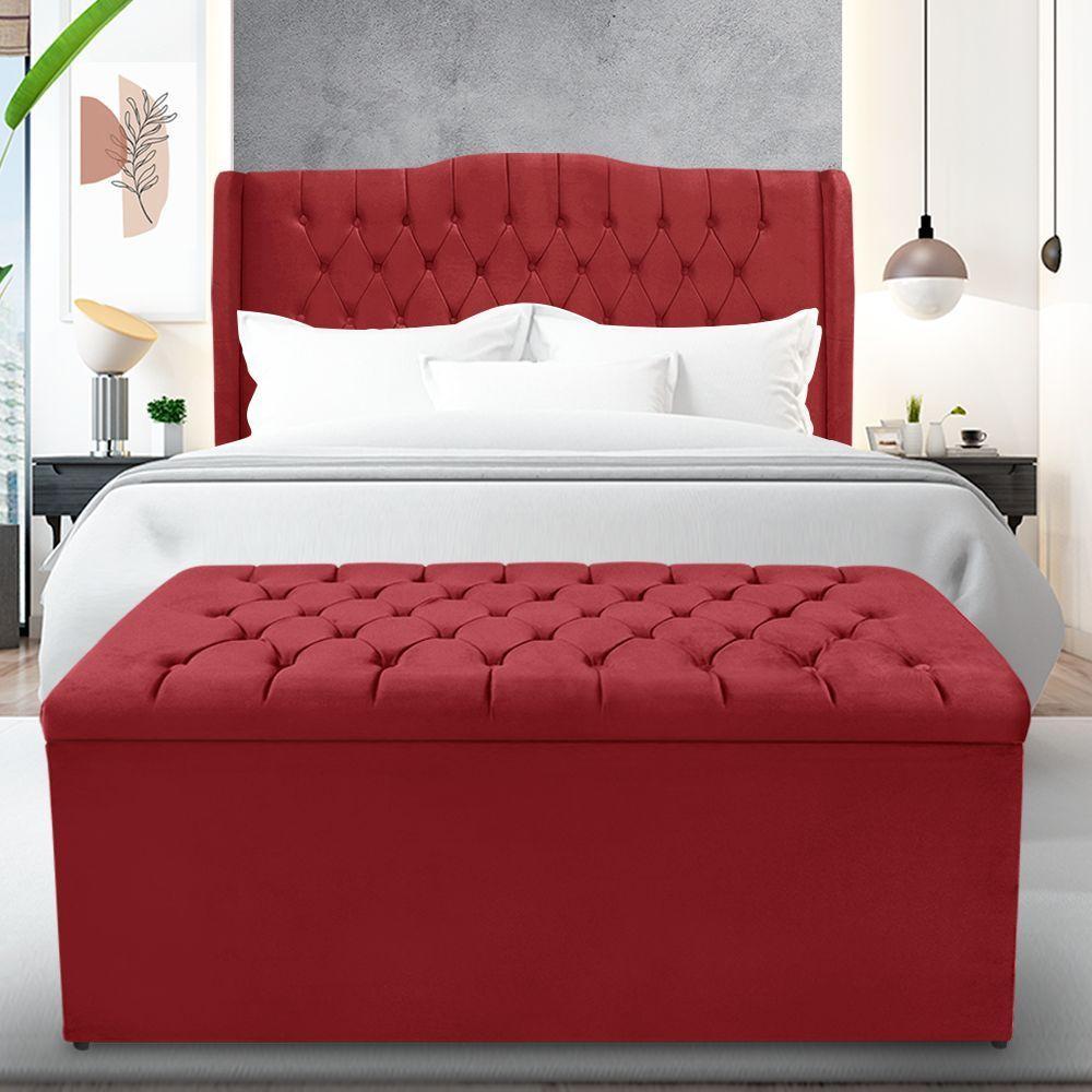 Kit Cabeceira E Calçadeira Baú Dubai Queen 160 Cm - Veludo Vermelho - 1