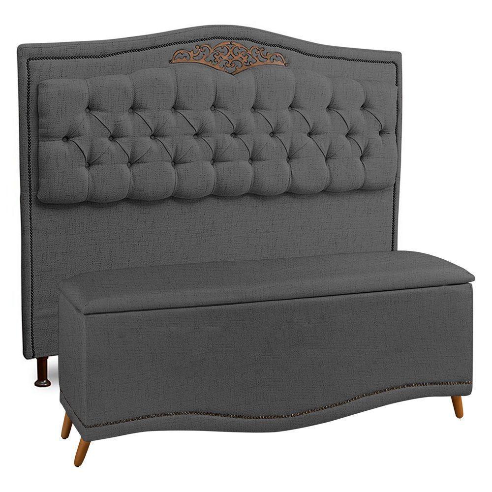 Cabeceira E Calçadeira Baú Box Queen Size 160cm Linho Grafite - 1