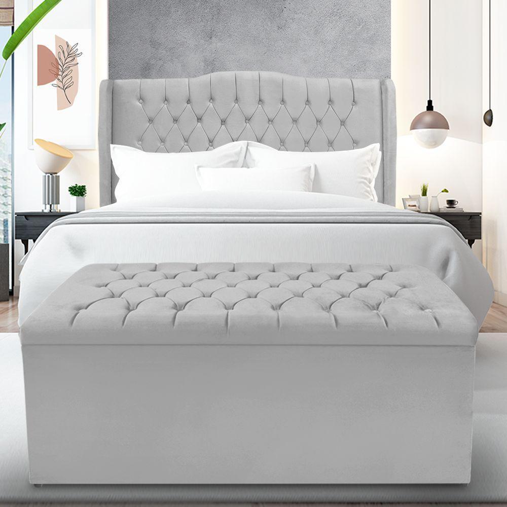 Kit Cabeceira E Calçadeira Baú Dubai Queen 160 Cm - Veludo Cinza - 1