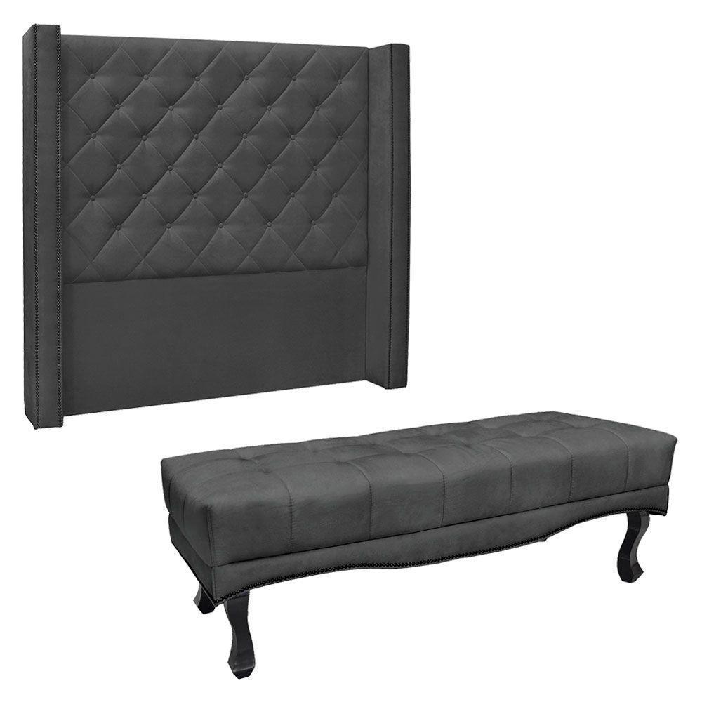 Kit Cabeceira E Calçadeira Recamier Queen 1,60M Suede Cinza - 1