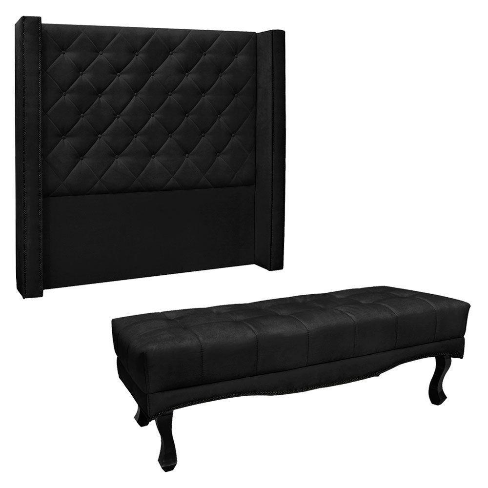 Kit Cabeceira E Calçadeira Recamier Queen 1,60M Suede Preto - 1