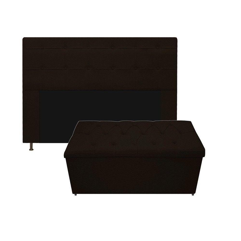 Kit Cabeceira Calçadeira Baú Estofada 140cm Casal Marrom - 1