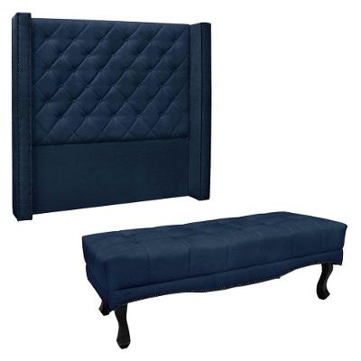 Kit Cabeceira E Calçadeira Recamier Solteiro Azul Marinho