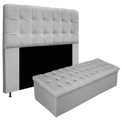Kit Cabeceira Calçadeira Baú Estofada 195cm King Cinza