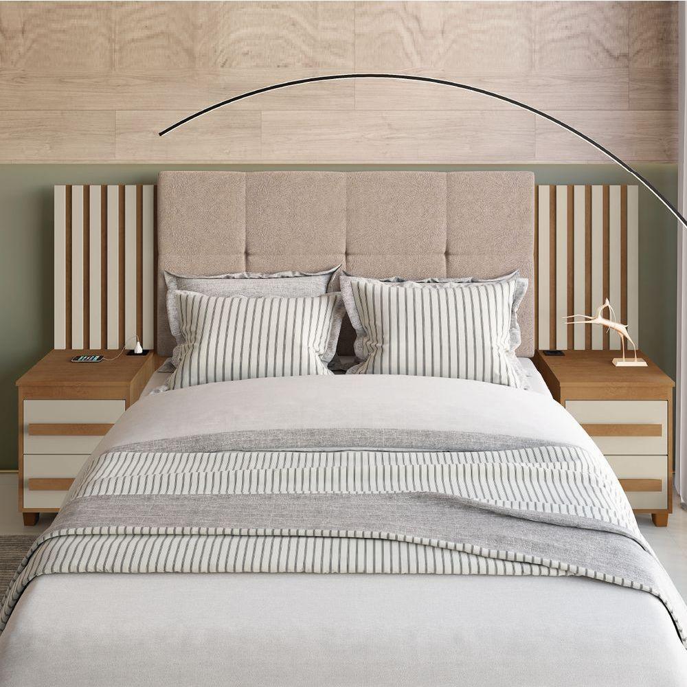 Cabeceira Casal Extensível com 2 Mesas de Apoio Ripado e Estofado Cinamomo-Off White Suíça RV Móveis - 2
