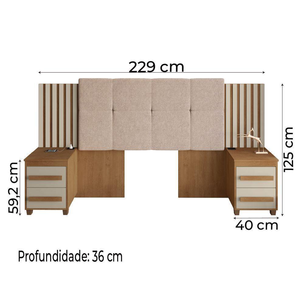 Cabeceira Casal Extensível com 2 Mesas de Apoio Ripado e Estofado Cinamomo-Off White Suíça RV Móveis - 4