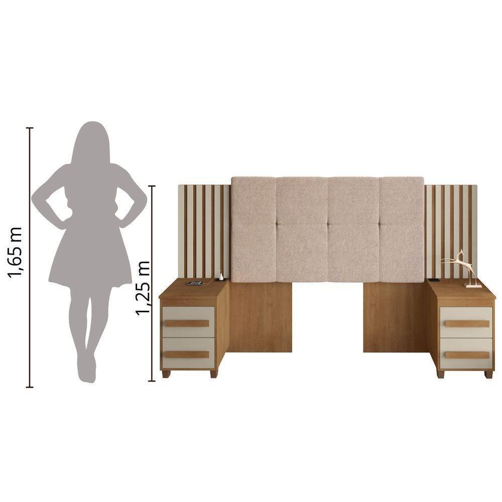 Cabeceira Casal Extensível com 2 Mesas de Apoio Ripado e Estofado Cinamomo-Off White Suíça RV Móveis - 5