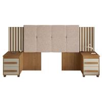 Cabeceira Casal Extensível com 2 Mesas de Apoio Ripado e Estofado Cinamomo-Off White Suíça RV Móveis - 1