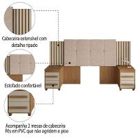 Cabeceira Casal Extensível com 2 Mesas de Apoio Ripado e Estofado Cinamomo-Off White Suíça RV Móveis - 3