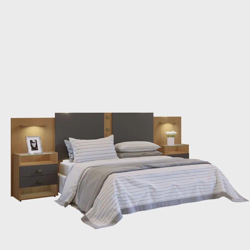 Cabeceira Casal Com 2 Mesas De Cabeceira Cinamomo Grafite - 1