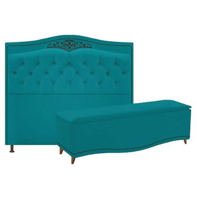 Kit Cabeceira E Calçadeira Yasmim 90cm Azul Turquesa