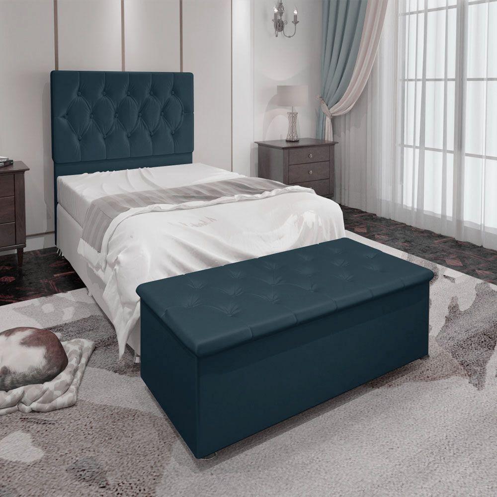 Kit Cabeceira E Calçadeira Baú Solteiro 0,90m Madrid Suede - Pallazio Cor Azul Marinho - 4