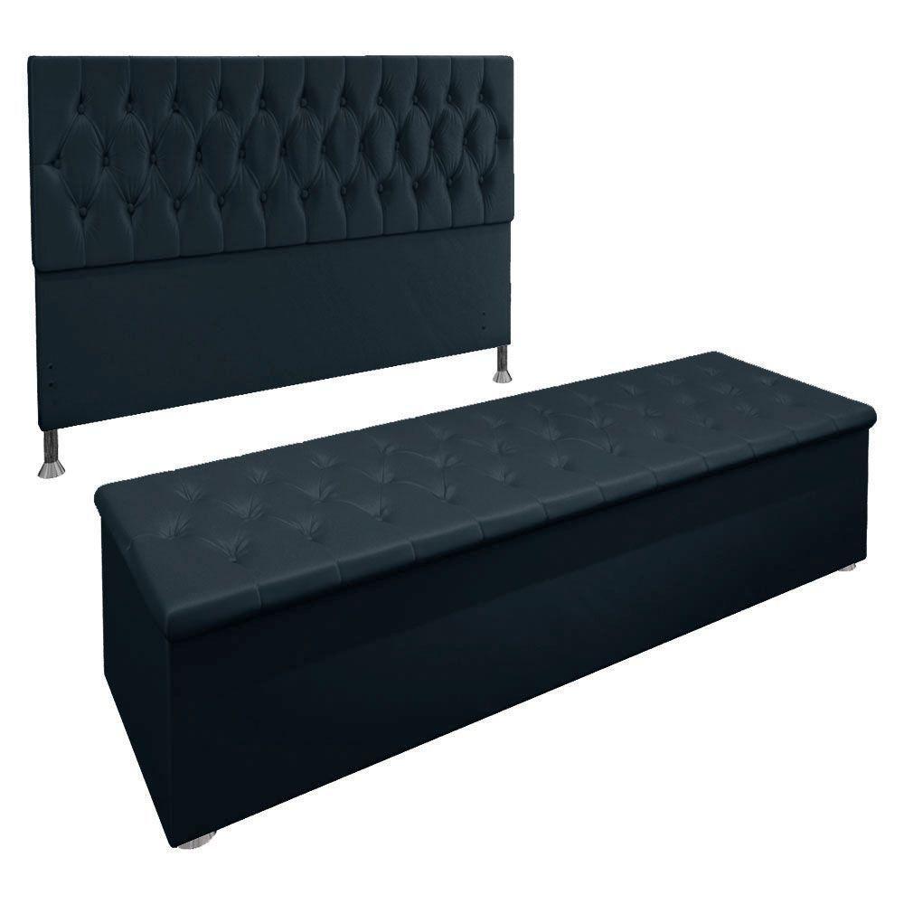 Kit Cabeceira E Calçadeira Baú Queen 1,60m Madrid Suede Azul Marinho - Pallazio - 1