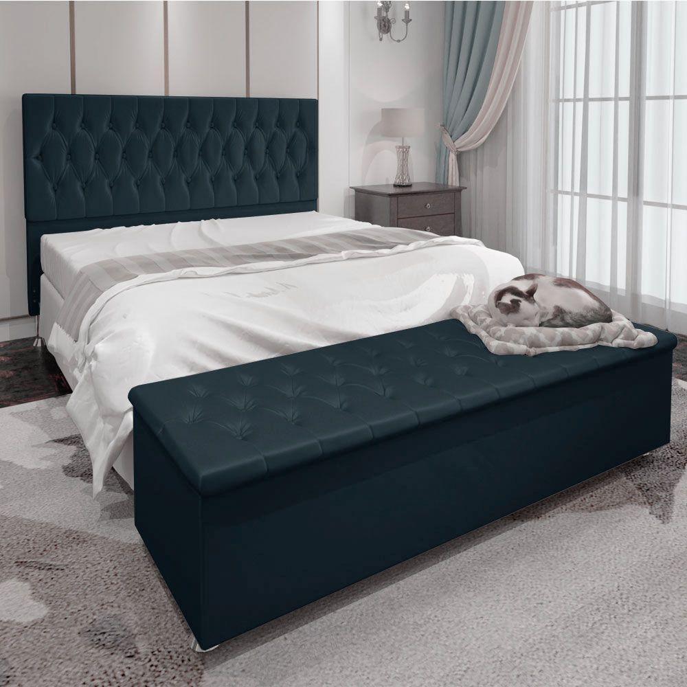 Kit Cabeceira E Calçadeira Baú Queen 1,60m Madrid Suede Azul Marinho - Pallazio - 4