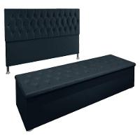 Kit Cabeceira E Calçadeira Baú Queen 1,60m Madrid Suede Azul Marinho - Pallazio - 1