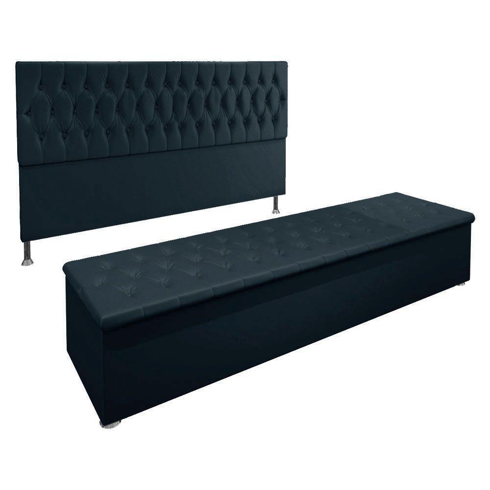 Kit Cabeceira E Calçadeira Baú King 1,95m Madrid Suede - Pallazio Cor Azul Marinho - 1